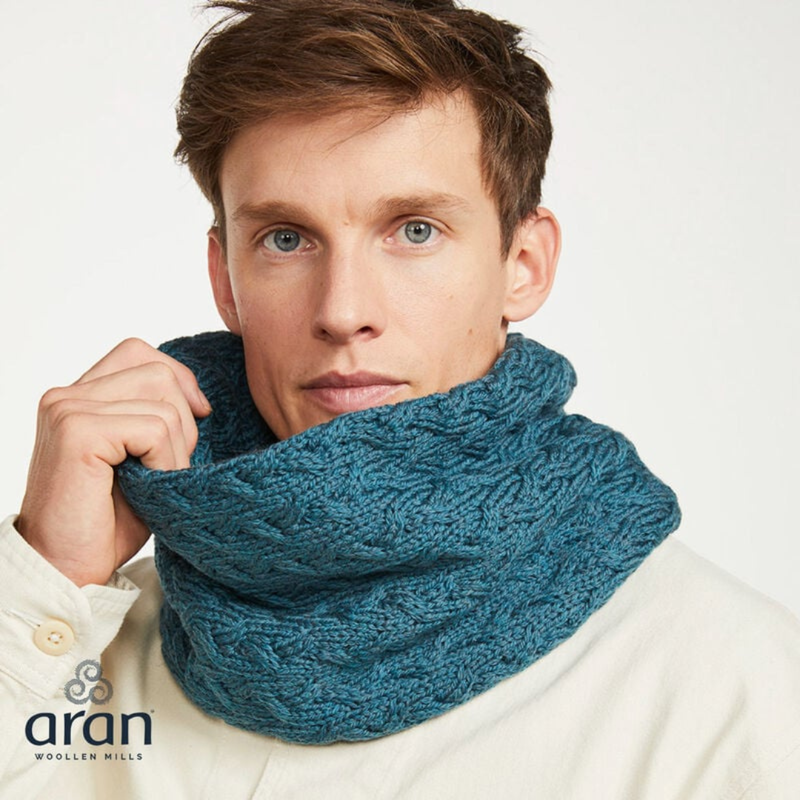 Aran Woollen Mills Super Soft Merino Wool Infinity Cabled Scarf  Irish Sea Blue